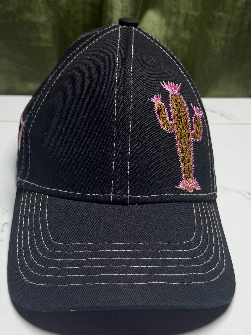 Kids Black Cap with Pink Cactus Embroidery